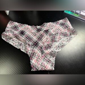 Victoria's Secret Pink Black White Plaid Cheeky Lace Trim Shorts